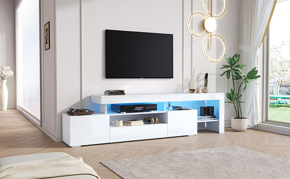 192*37*53cm TV Cabinet with 3 Cabinets, TV Stand with LED, High-Gloss Lowboard and TV Table, Suitable for TVs Around 85 Inches, White