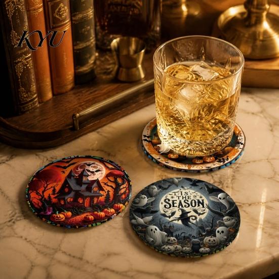Stain Resistant Table Pads for Kitchen Halloween Wooden Coasters, Decorative Placemats Dining Table, Heat Mats Reusable Room with Pumpkin Ghost