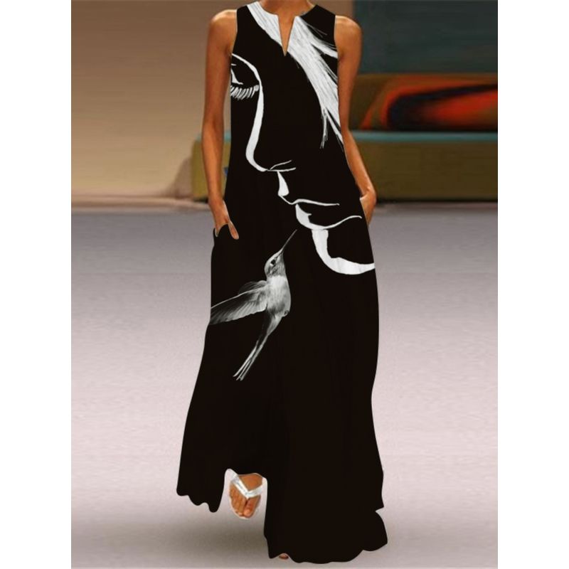 2025 New Summer Women's Clothes Sleeveless Maxi Dress V-neck Print Emerald Flower Dress Fashion 3D Cross-Border Beach Dress