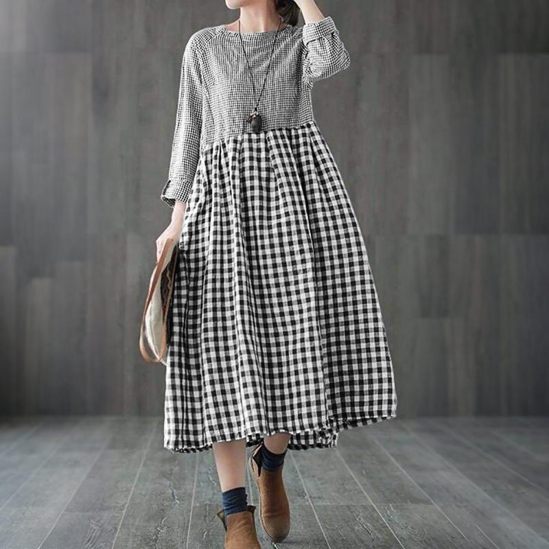 

ZANZEA Жіноча сукня вільного крою з картатим принтом, повсякденна, з круглим вирізом та довгим рукавом 4XL чорний