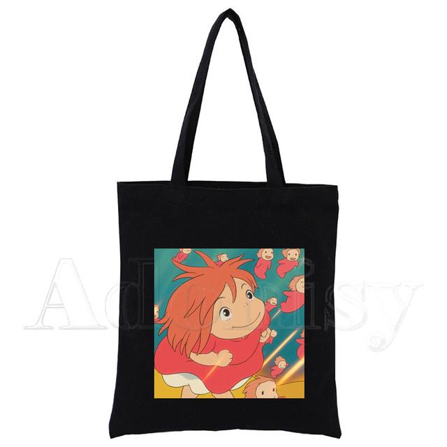Ponyo Canvas Negru Geantă pentru cumpărături Geantă reutilizabilă din pânză de umăr Geantă de carte Cadou