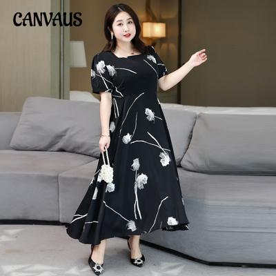 Plus Size Women's Summer Short Sleeve Dress Square Neck Rose Show Dress