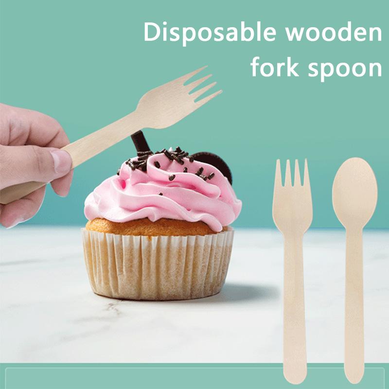 100/200pcs Disposable Wooden Fork and Spoon 14cm for Tasting Sampling Yogurt Ice Cream Dessert Forks Spoons Party Supplies TMZ