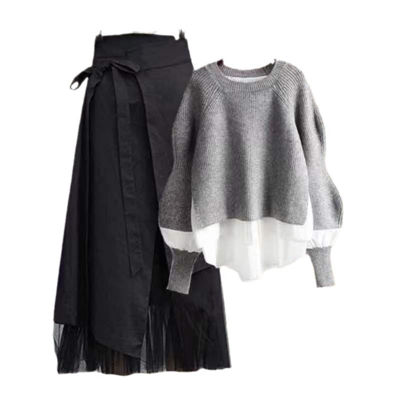 Women's Spring Autumn Fashion Two Piece Knit Sweater Strap A-line Skirt Suit  Elegant Pullover Dress Matching Set