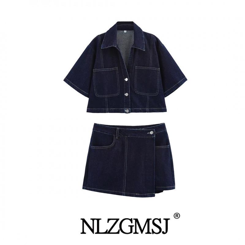 2025 Spring Women's European & American Style Denim Shirt & Skirt Set