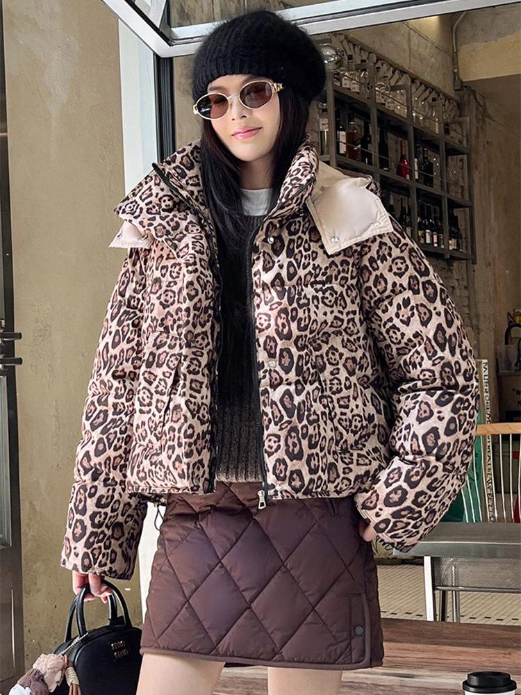 Women's Thickened Short Detachable Hood Leopard Print Jacket