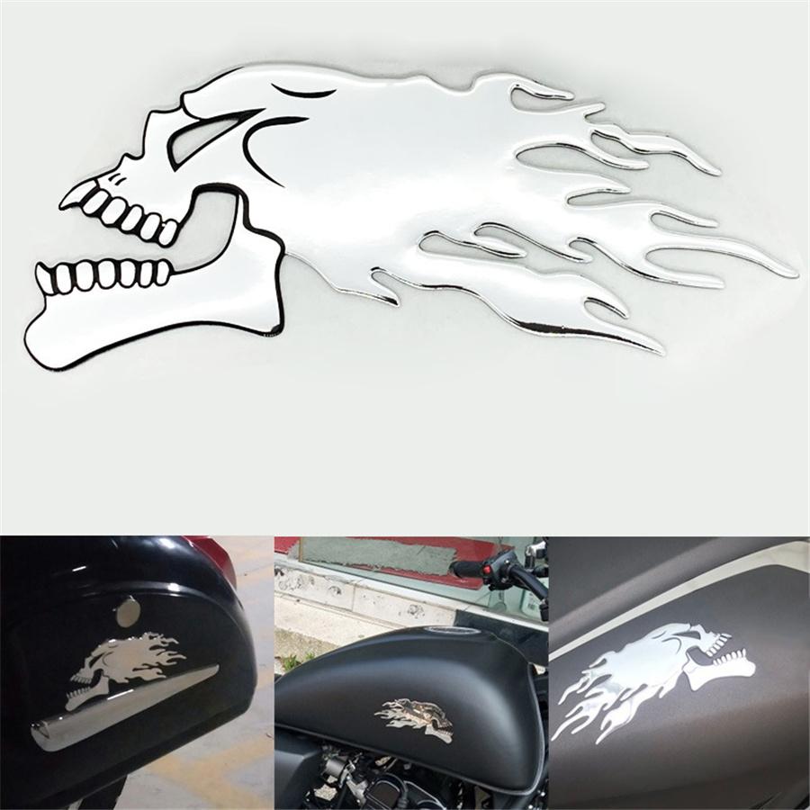 New 6x14cm Pair Skull Head Flame Style Motorcycle Fuel Gas Tank Fairing Badge Decal