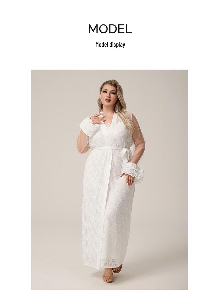 Yaoting Übergröße Damen Eisseide Spitze Langer Morgenmantel & Nachthemd (WP5014)