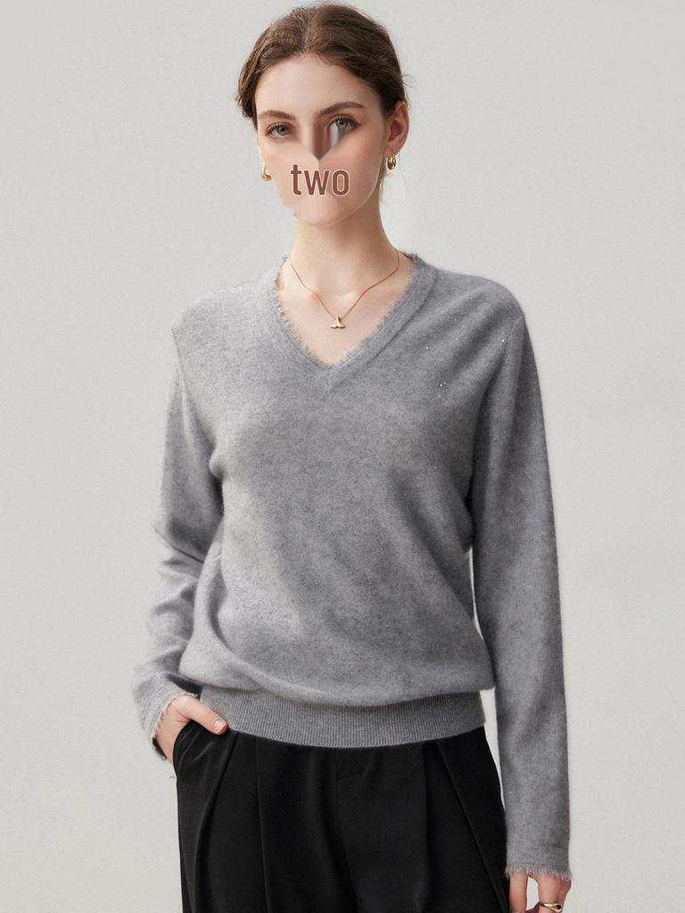 Women's V-Neck Sequin Cashmere Sweater - 2026 Autumn/Winter Collection: Elegant, Loose, Warm, Slimming Base Layer.