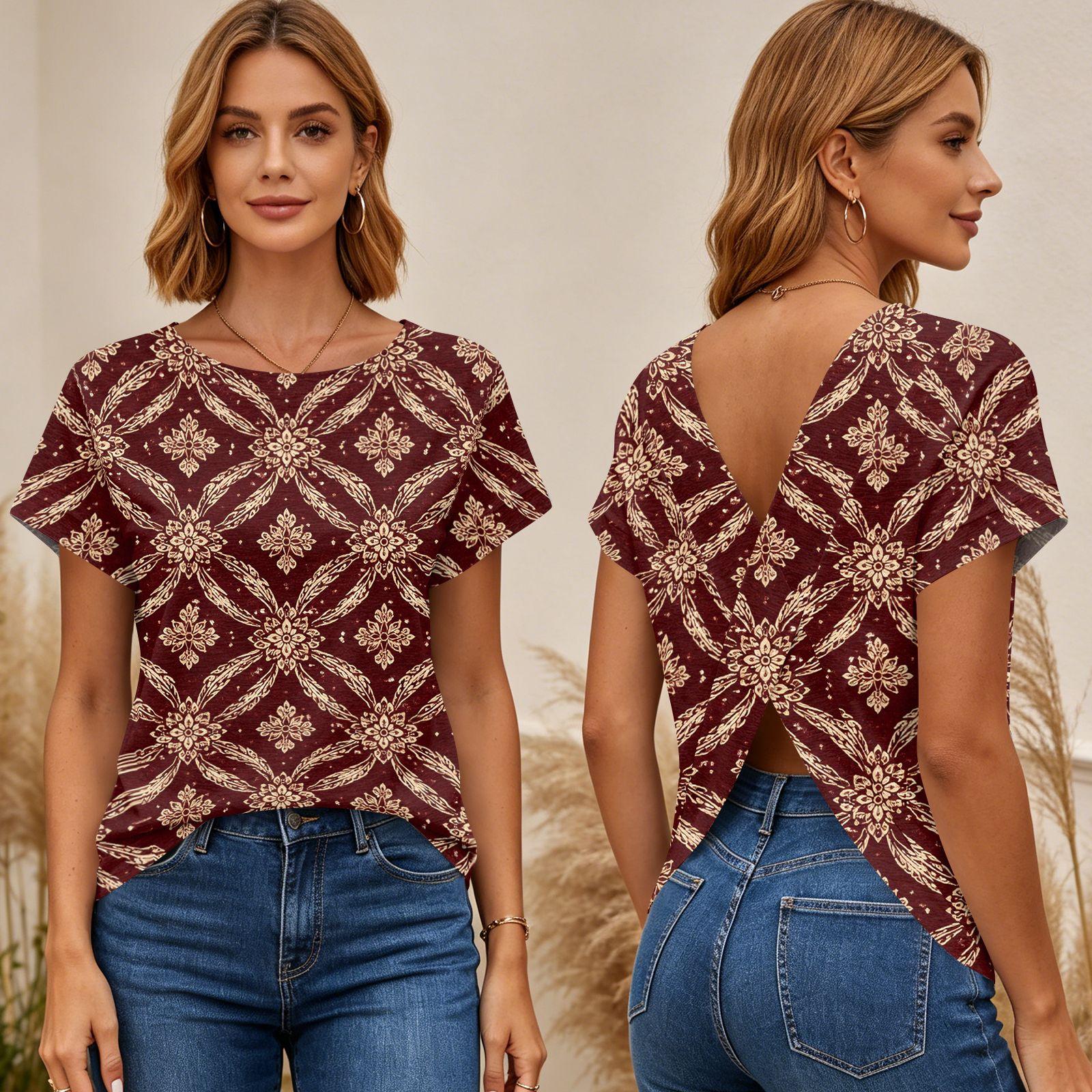 

Womens Short Sleeve Top Geometric Print Cross Back T Shirt Lightweight Casual Blouse Summer Style XXL