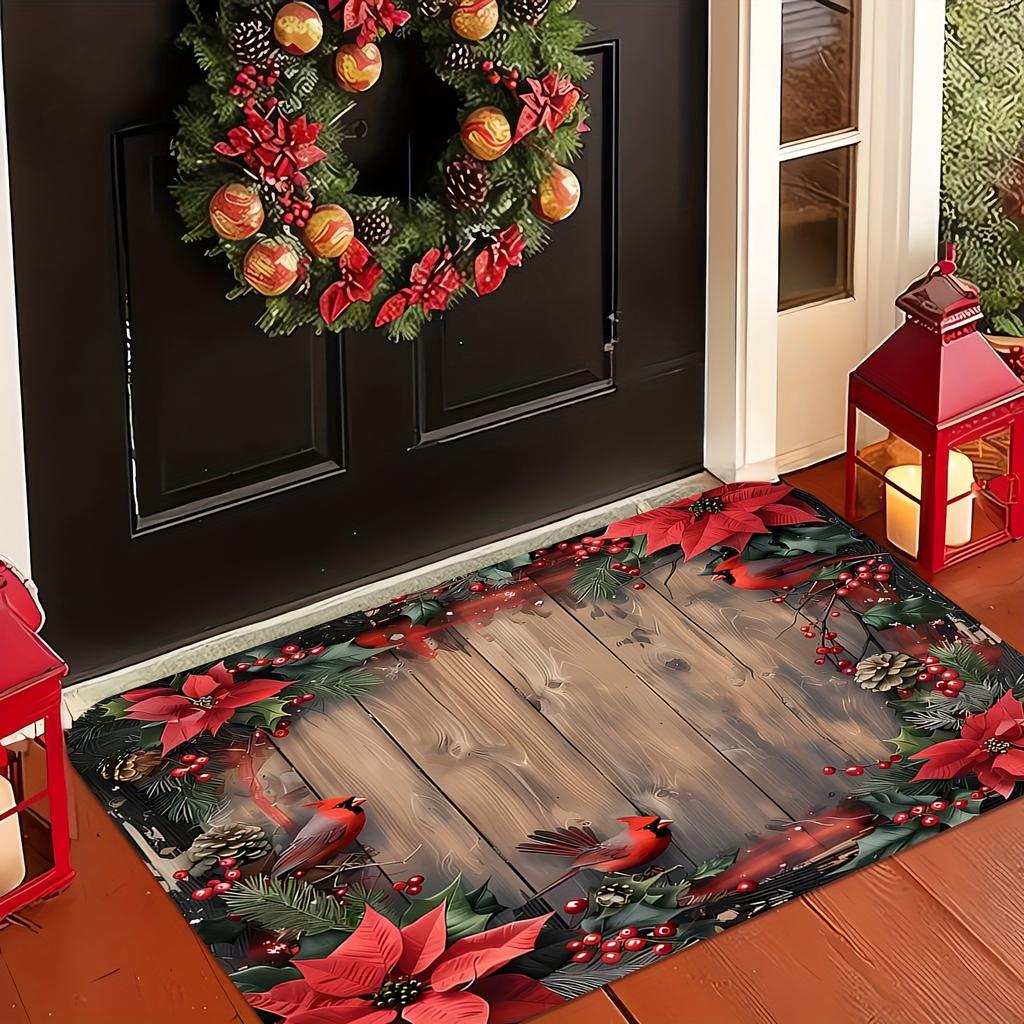1pc Poinsettia & Red Cardinal Welcome Doormat, Machine‑Washable Floor Mat for Bathroom, Living Room, Bedroom, Kitchen, Office
