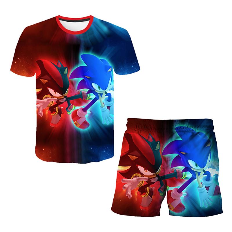 2025 MINISO Ny Japansk Tecknad Sonic 2 T-shirt Barnens Topp Shorts Tvådelat Set Sommar Pojke Tecknad Söt SONIC T-shirt+ Strandbyxor