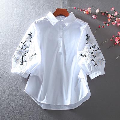 Casual Embroidery Flower Loose Shirt Art Lantern Sleeve Shirt Women's Summer