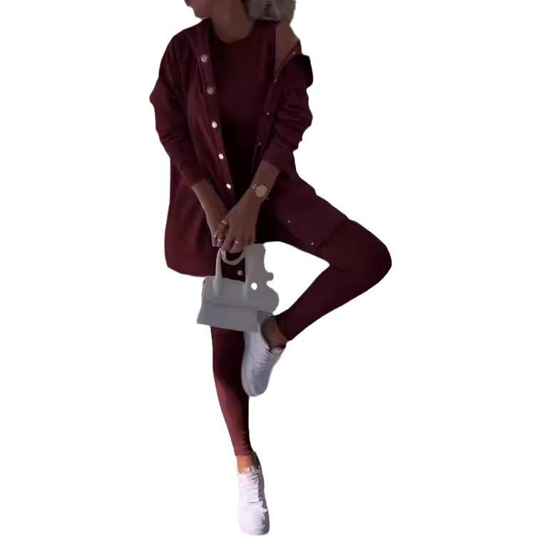 Damski Zestaw Kardigan z Kapturem z Topem Bez Rękawów i Legginsami, Strój Casual na Wiosnę i Lato