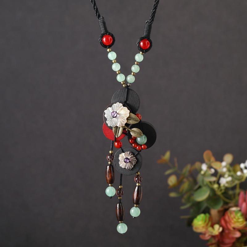 Retro Fringed Necklace Women's Woven Long Wooden Chalcedony Pendant Literary Temperament Sweater Chain with Jewelry