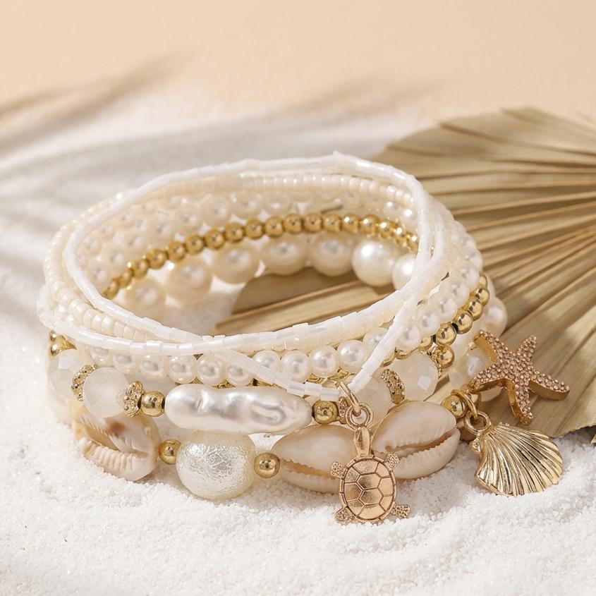 Boho Sea Turtle Starfish Cowrie Shell Charms Bracelet for Women Fashion Layered Pearl Beaded Bracelets Summer Beach Jewelry Gift