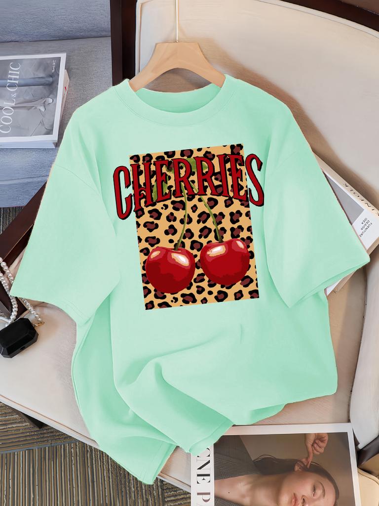 Leopard Cherry Creative Design Womens Tee Shirts Cotton Casual T Shirt Summer O-Neck Streetwear Soft Oversized Short Sleeve