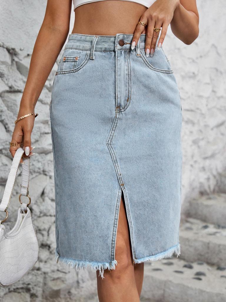 Women's High-Waisted Mid-Length Split Denim Skirt - European & American Style