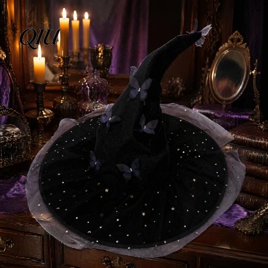 Witch Hat for Halloween Costume Women, Large Glitter Sequins Mesh Wizard Lightweight Polyester with Butterfly Accessory, Cosplay Black Hats Women