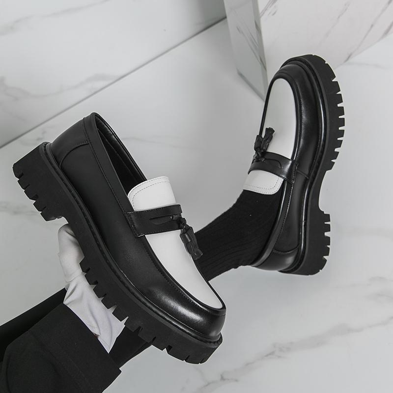 Korean Style Black and White Color Blocking Surface Thick Bottom Tassels Casual Slip on Non-slip Fashionable Men's Loafer Shoes