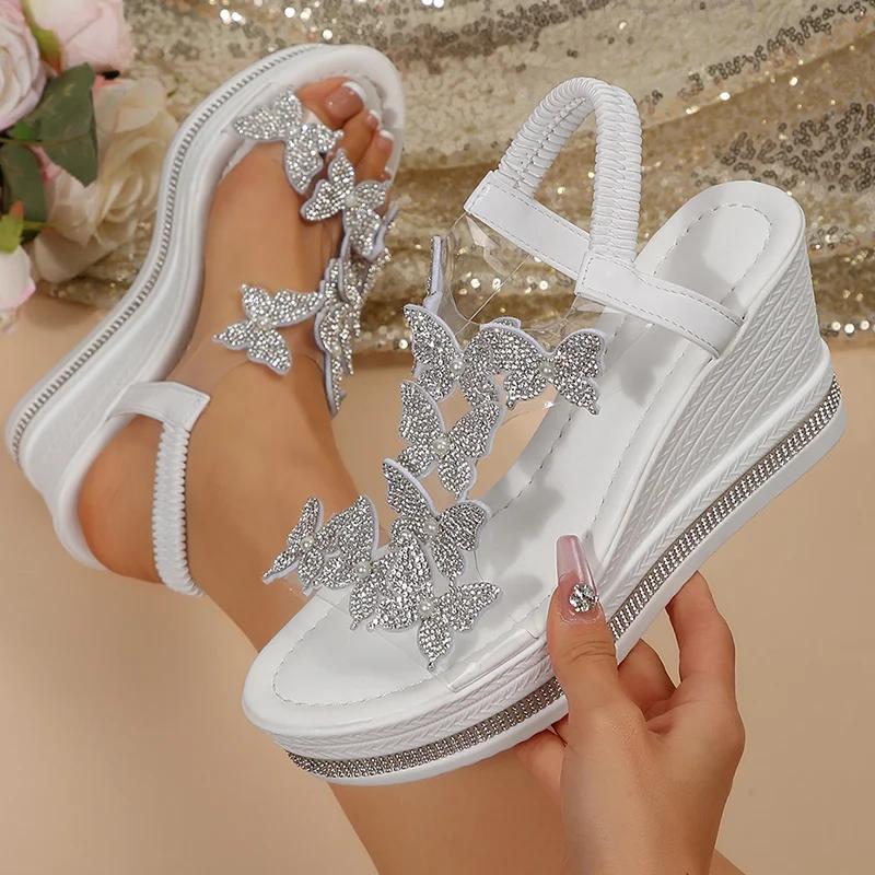 Shiny Crystal Wedge Heel Sandals for Women Fashion Clear PVC Platform Sandals Woman Thick Sole Rhinestone Butterfly Party Shoes