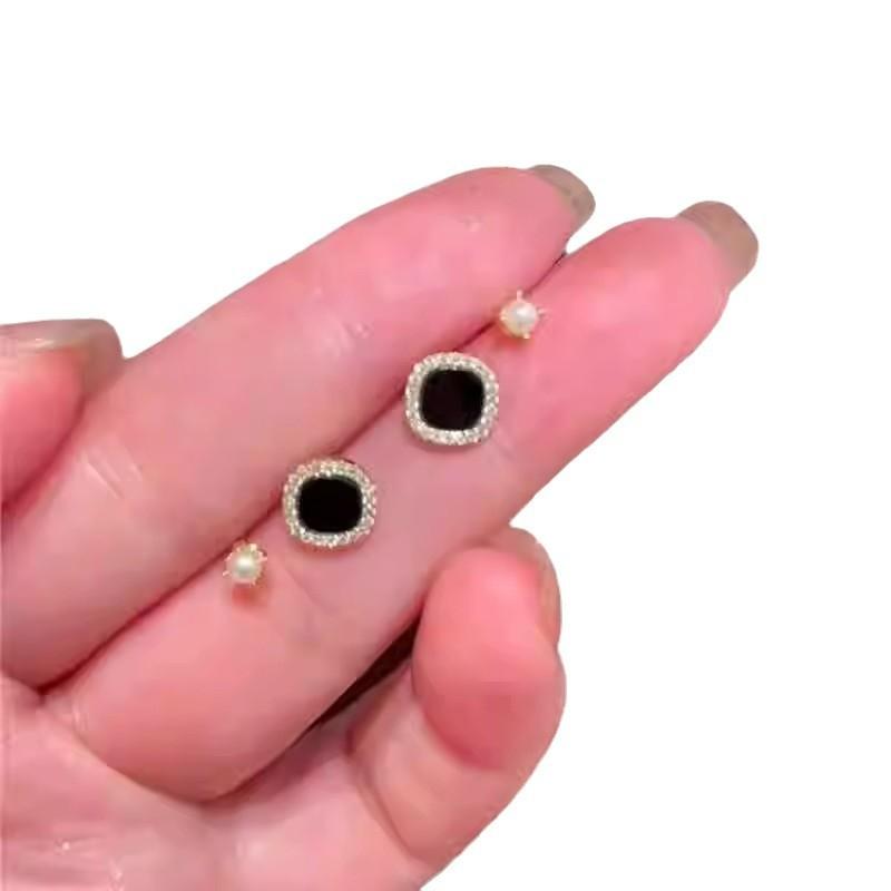 Black Square Pearl Stud Earrings Set of Four - Silver Hooks, Elegant Ear Accessories