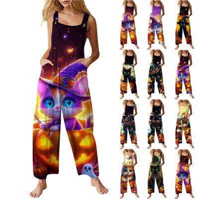 Damen Casual Halloween Bedruckter Jumpsuit Ärmelloser Bedruckter Baumwolljumpsuit