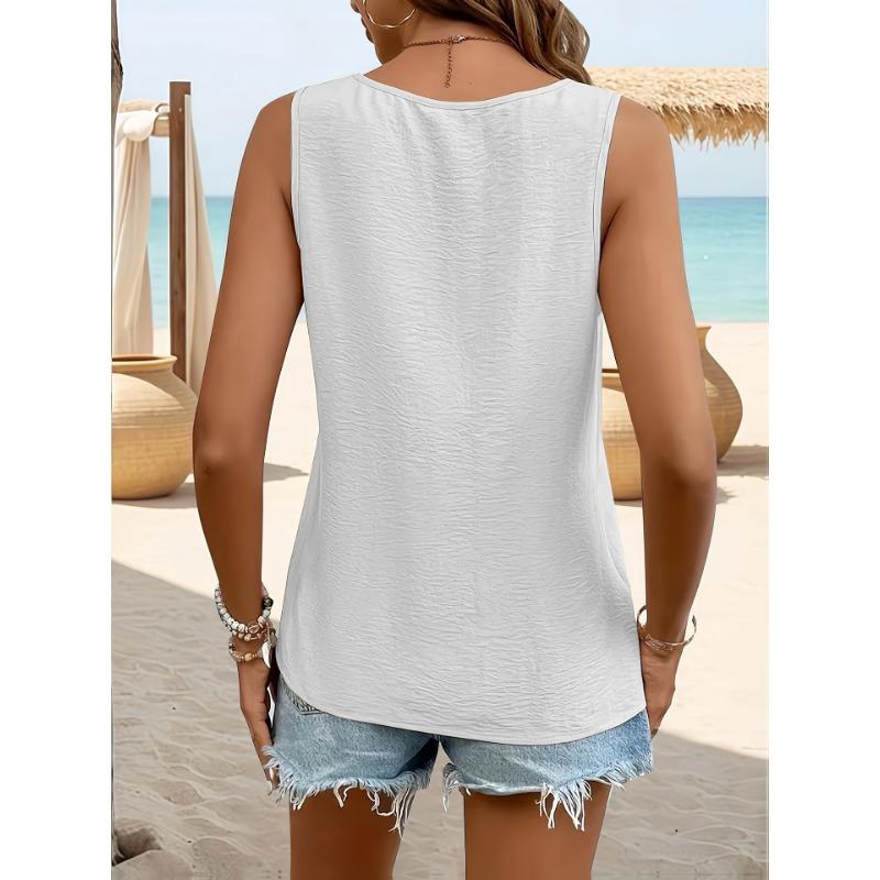 Summer Fashion Casual Tops Women's Sleeveless Woven V-neck Pleated Solid Color Women's Vest