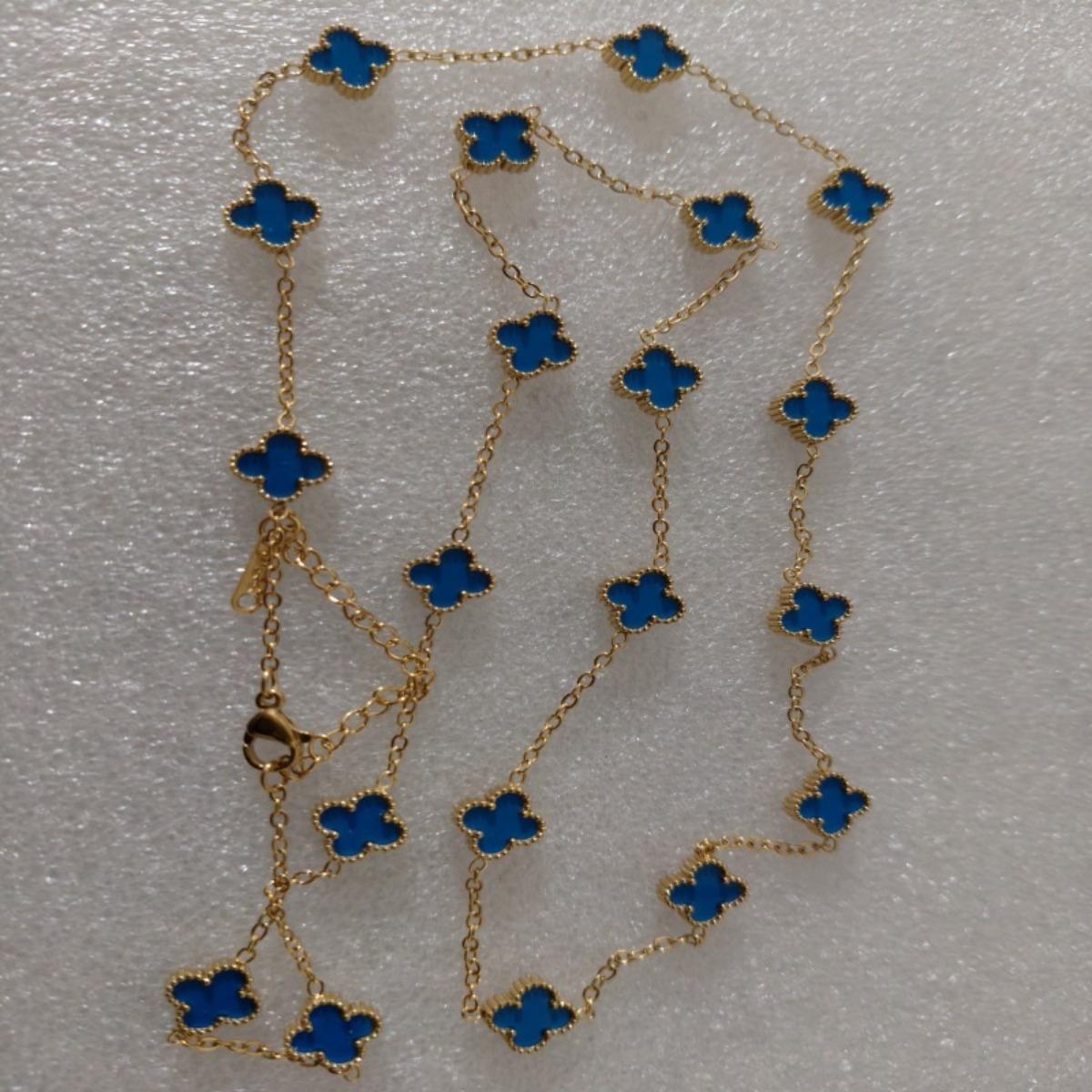 

Lucky 20 Flowers Двустороннее ожерелье с четырьмя листочками клевера Простое легкое роскошное модное женское ожерелье с подвеской в виде цветка 13mm Gold -75cm синий