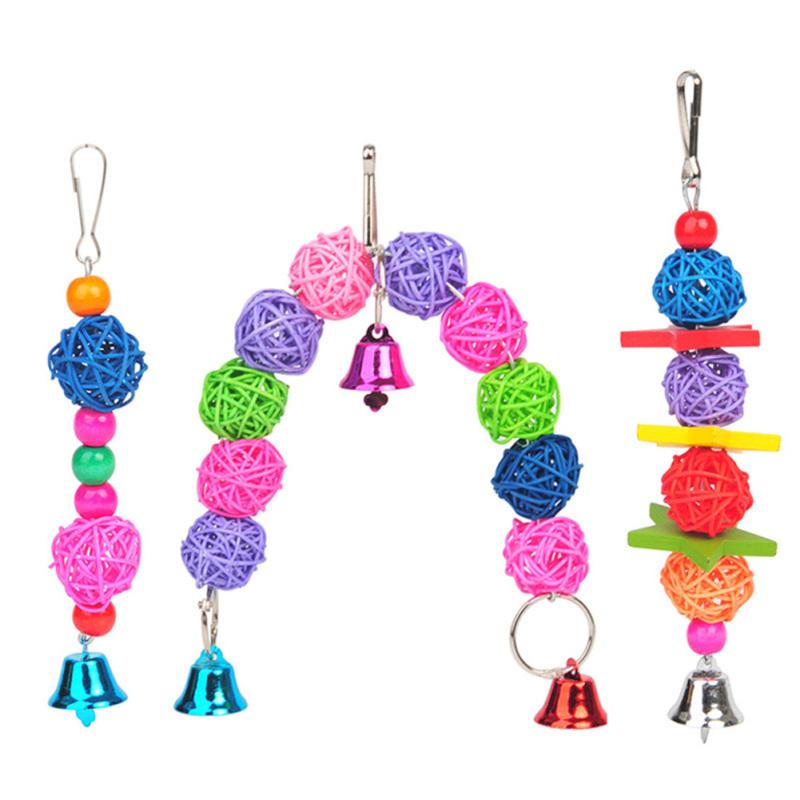 Parrot Wooden Rattan Ball Hanging Chew Strands Toy Molar Teeth Cleaning Toy With Bell Bird Supplies