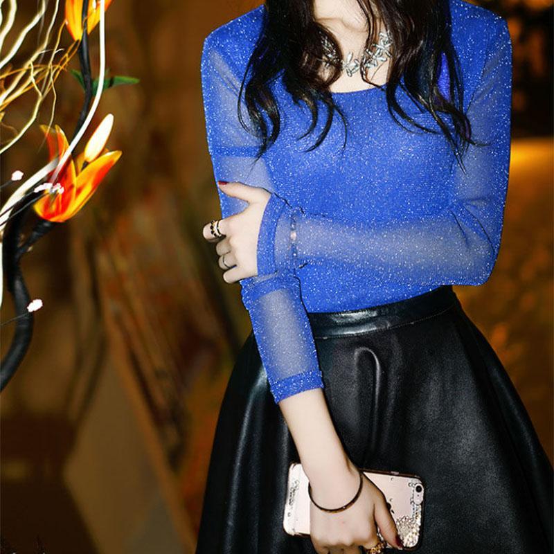 Thin Long-sleeved Lace Shirt Women's Hickened Bright Silk Gauze Long-sleeved T-shirt with A Bottoming Shirt