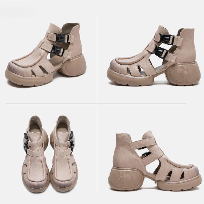 Johnature Retro Dickbesohlte Hohl Atmungsaktive Sandalen Echtes Leder Bequeme Vielseitige Damenschuhe