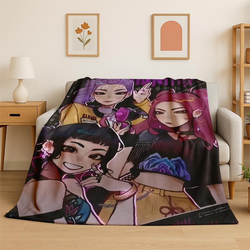 Kpop Demon Hunter Rumi Mira Zoey Cartoon Group Flannel Blanket Soft Warm Throw Blanket for Bedroom Living Room Bed Travel Gift
