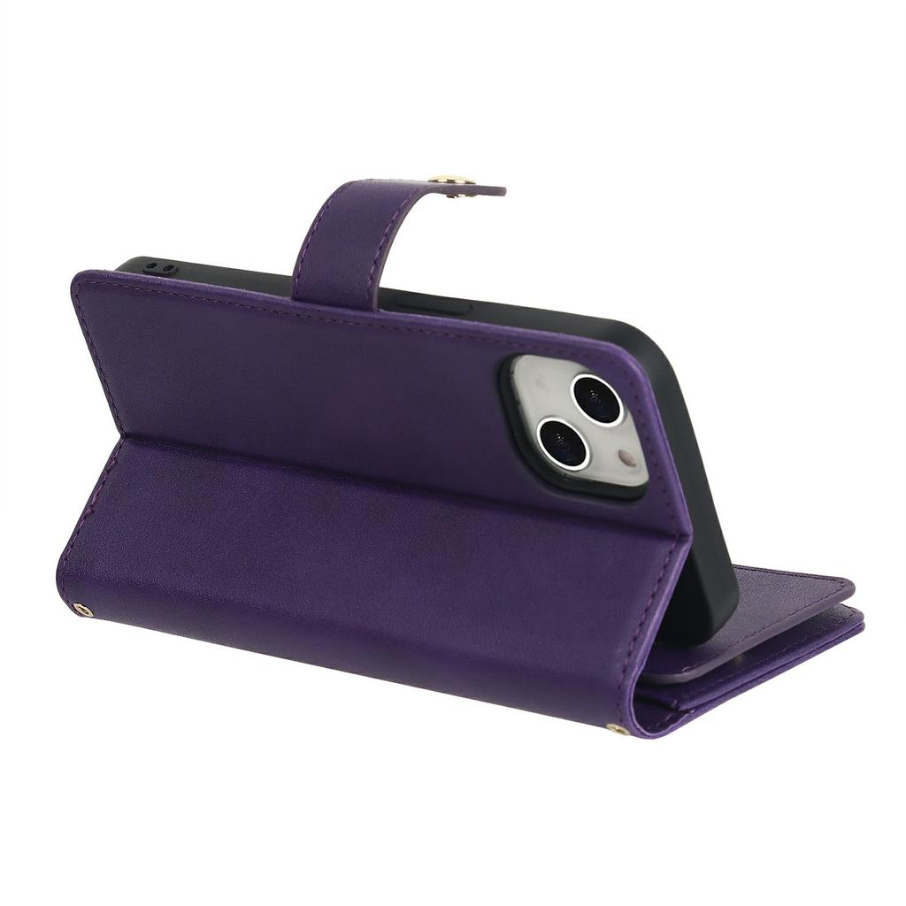 For iPhone 14 Plus Stand Case PU Leather Phone Cover with Straps/Zipper Wallet/Multiple Card Slots
