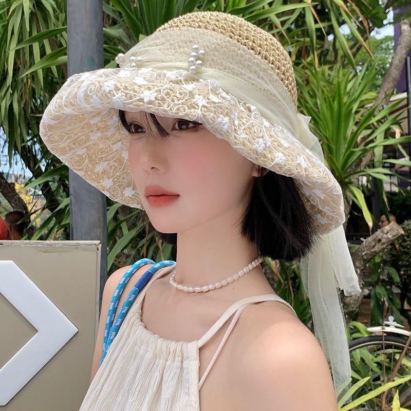Handmade Hat Rustic Style Forest Style French Lace Flower Sunshade Mesh Pearl Vacation Sunshade Hat