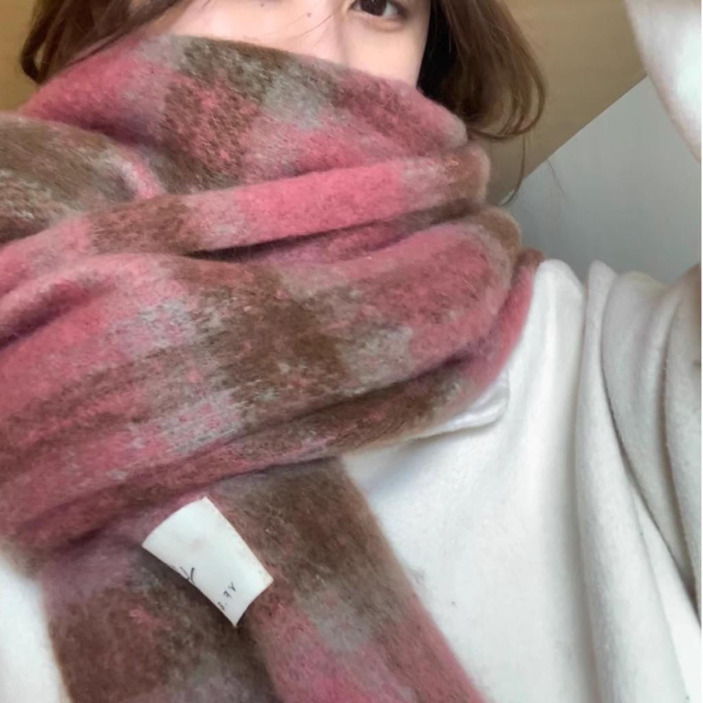 A Thick Long Korean Style Versatile and Warm Autumn and Winter Checkered Tassel Shawl with Mohair