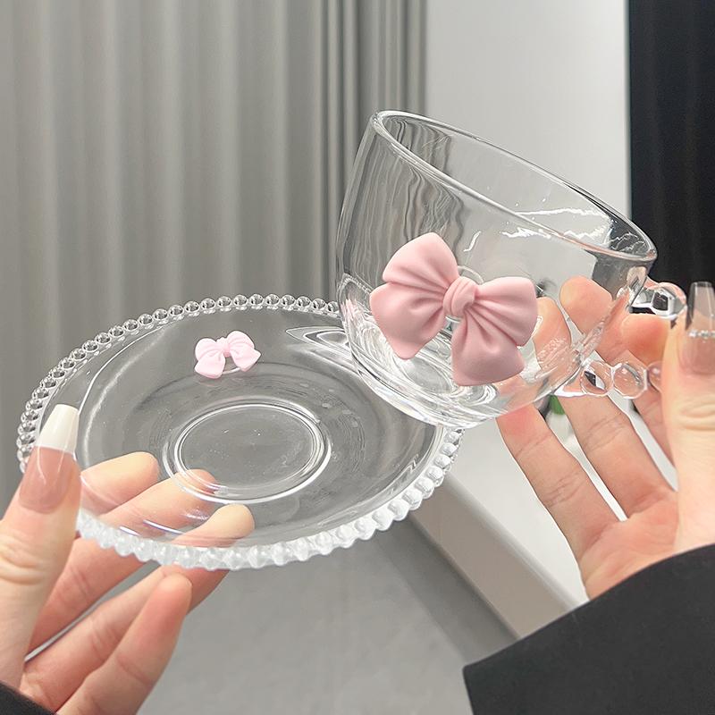 Round Beads Point Glass and Saucer Transparent Bow Glass Coffee Mug Round Saucer Set Breakfast Milk Glass Kitchen Utensils