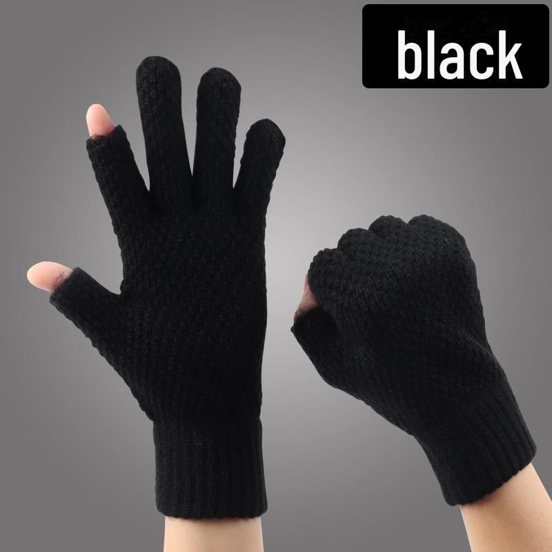 Thickened Velvet Two-Finger Woolen Winter Gloves for Men & Women, Warm & Elastic for Outdoor Driving