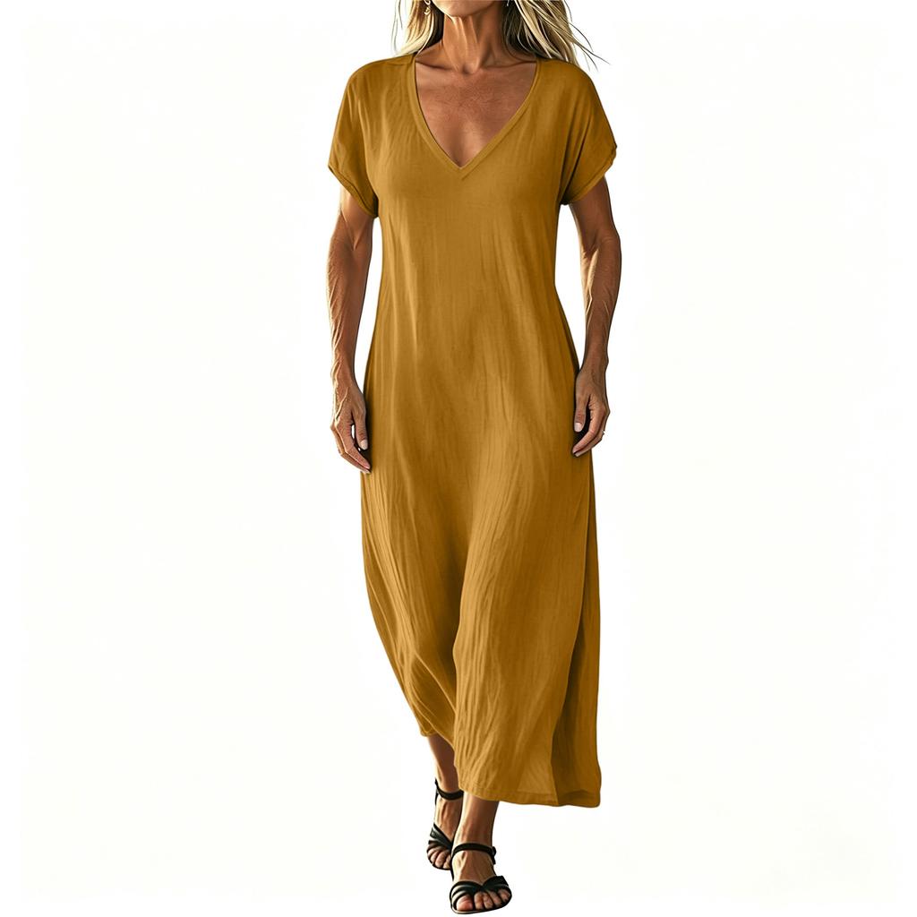 Rochie lungă colorată de damă, cu decolteu în V, lejeră