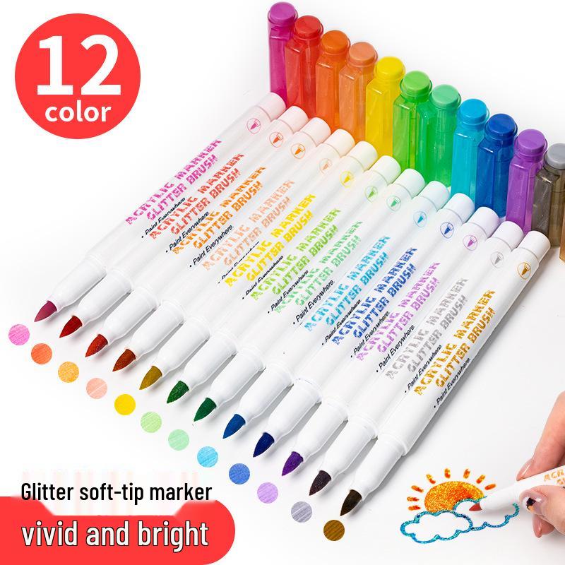 Colored Glitter Marker Pens, 12 Colors - Soft Tip for DIY Graffiti, Journals, and Photo Coloring
