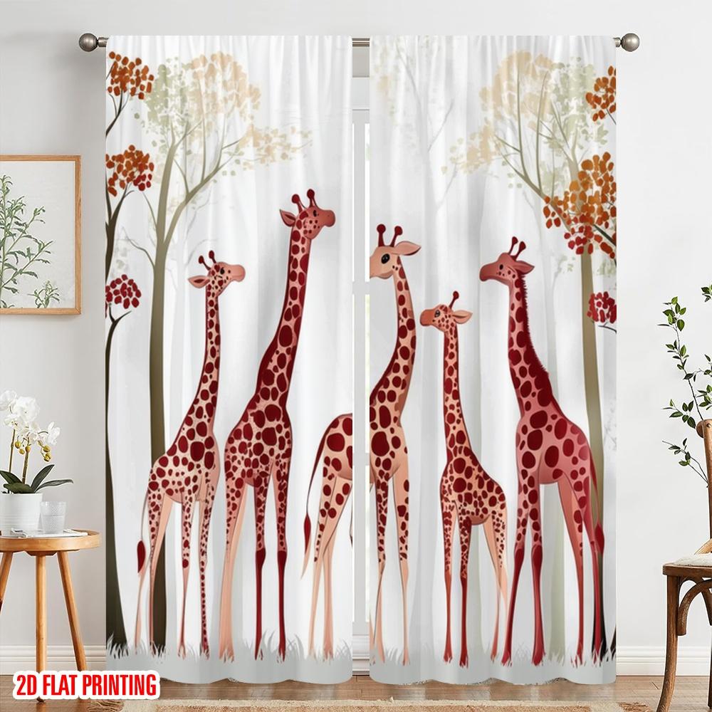 2pcs,2D Plane Printing Popular Curtains Giraffe Gathering Polyester Fabric (without Rod) Outdoor Decorations Perfect for Living