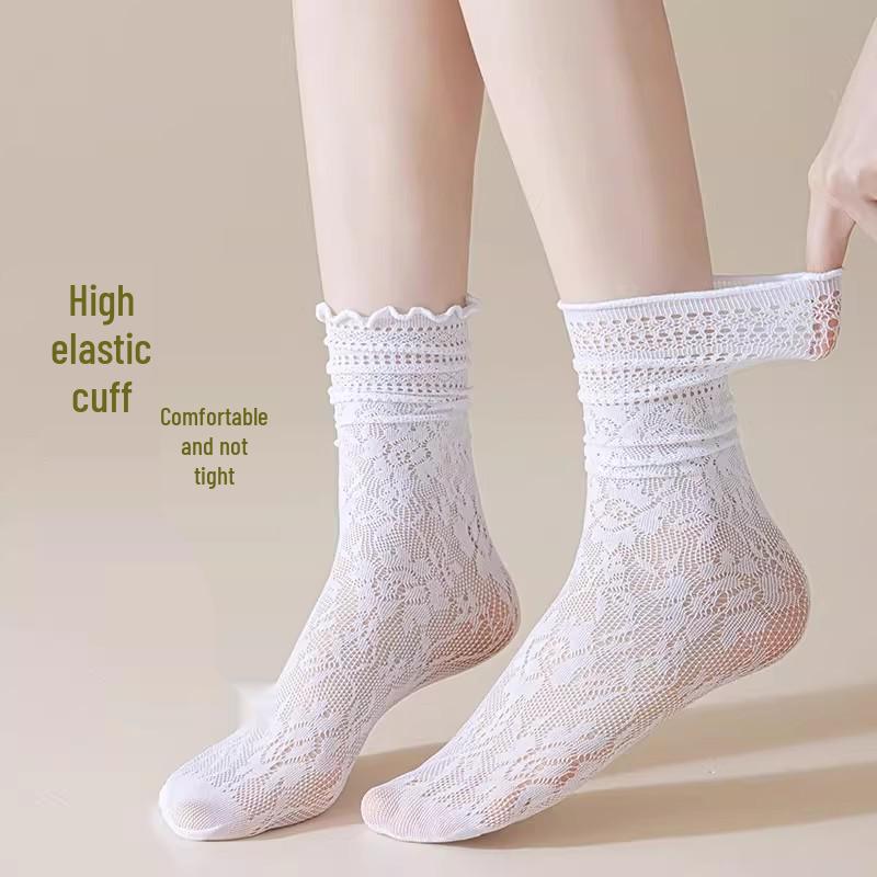 Summer White Lace Mesh Mid-Calf Ruffled Socks - Women's Breathable Lolita Style