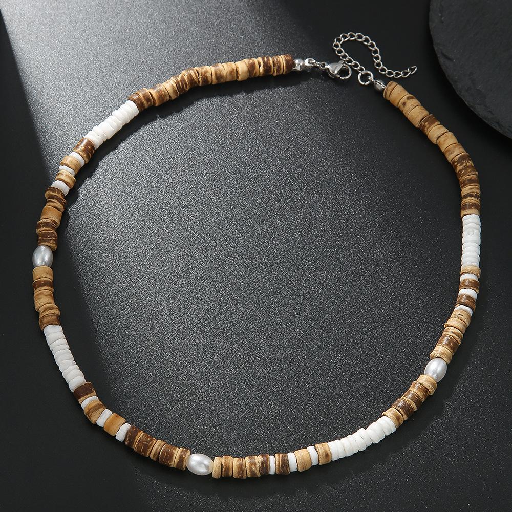 Summer Beach Bohemian Wood Chip Coconut Shell Necklace Men's Surf Necklace Simple Tribal Stainless Steel Necklace