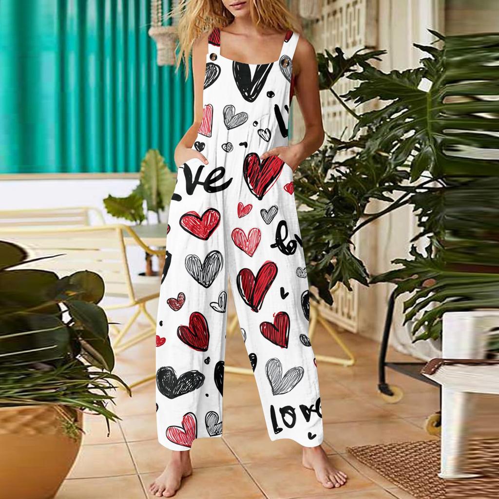 Women's heart,shaped printed casual loose retro overalls cotton and linen one,piece pants