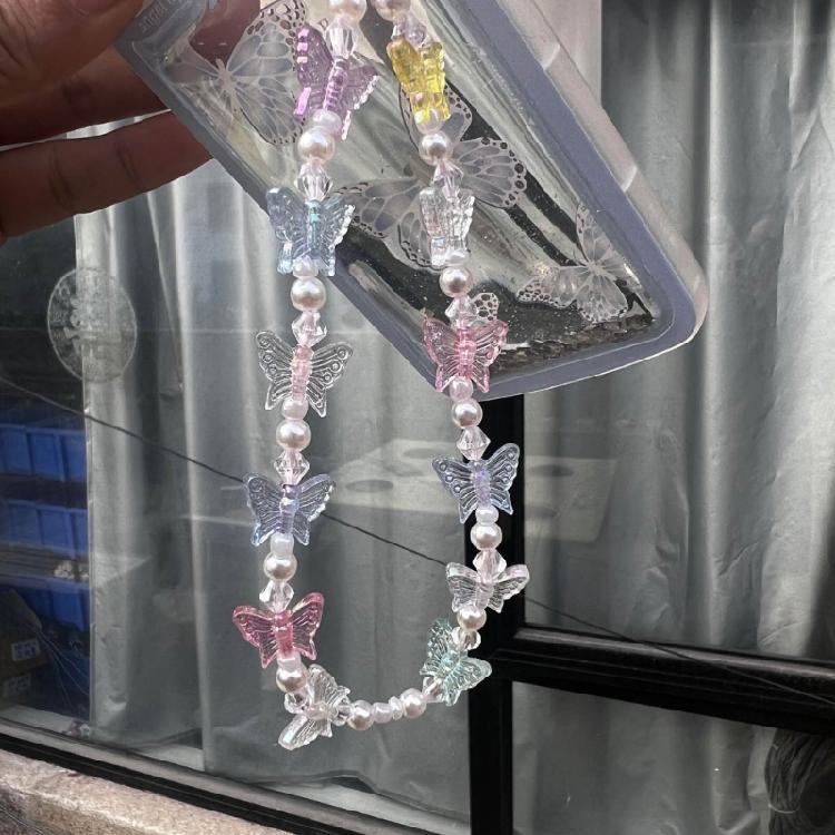 Phone Lanyard Wrist Strap Butterfly and Bead Chain Phone Charm Antilost Y2K