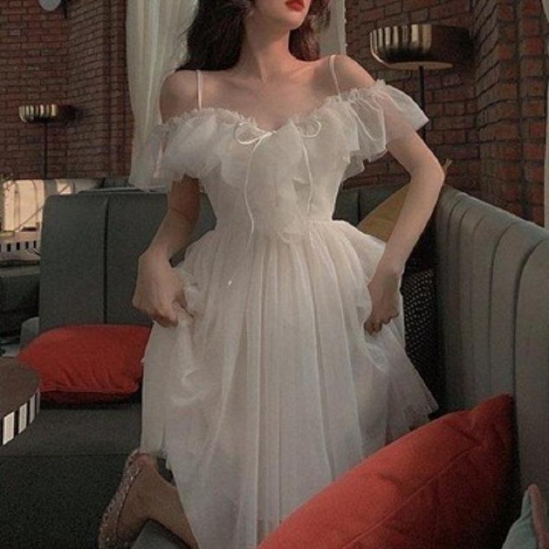 Coreano V Cuello Vendaje Vestido de Hadas Mujer Ruffle Off Shoulder Vestido  Elegante Malla Long Beach Vestidos Blancos comprar a buen precio — entrega  gratuita, reseñas reales con fotos — Joom
