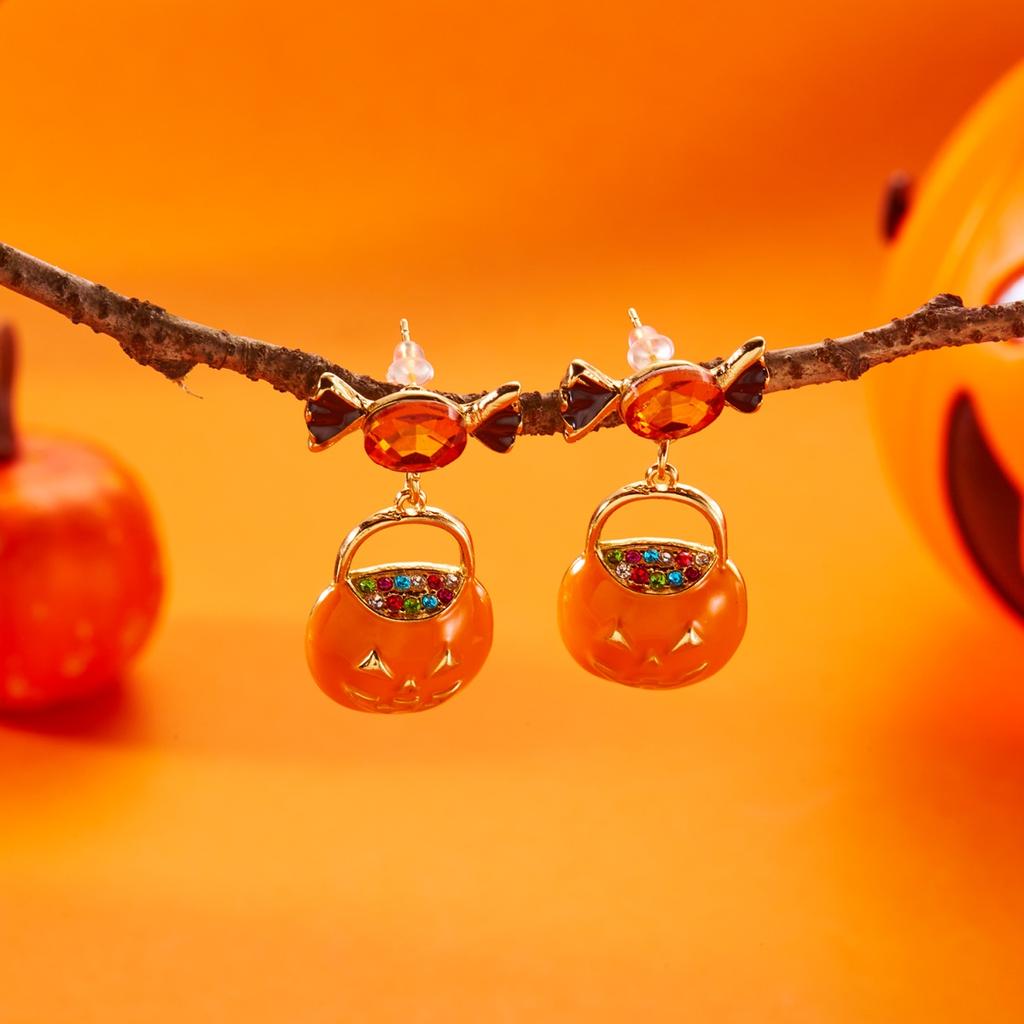 Halloween Enamel Earrings Rhinestone Pumpkin Bowknot Candy Drop Dangle Cute Funny Jewelry For Women Men Party Accessories Gift