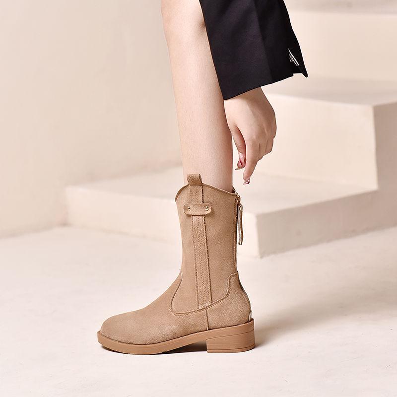 Женские ретро замшевые кожаные вестерн ботильоны - Британский стиль V-образный вырез до середины икры ковбойские ботинки Мартин для осенизимы 39 Runs Small 3548₽