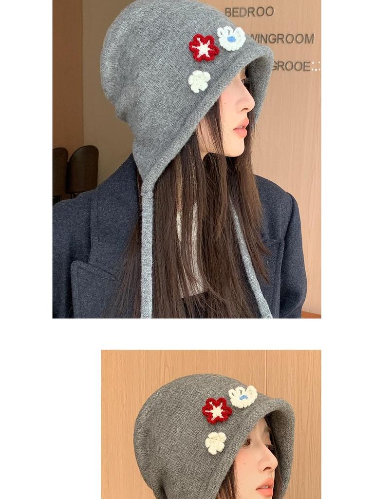 Japanese Style Ear Protection Tie Hat - Women's Windproof, Warm Slouchy Beanie with Floral Wrap for Autumn and Winter