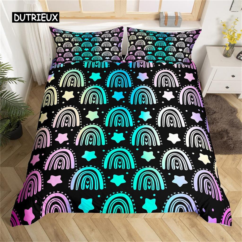 Cute Rainbow Duvet Cover Set Single for Microfiber Cartoon Bedding Set Sun Moon Star Comforter Cover Teens Girls Room Decor
